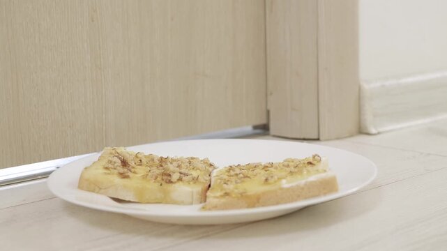 Putting in Front of the Door a Plate with Toast Spread, Butter, Cheese, Honey and Nuts for a Hungry Person. Food Delivered in Front of the Door.