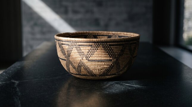 Woven Basket with Geometric Pattern on Dark Marble Surface