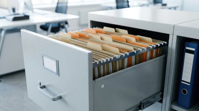 Open filing cabinet drawer with hanging folders in an office