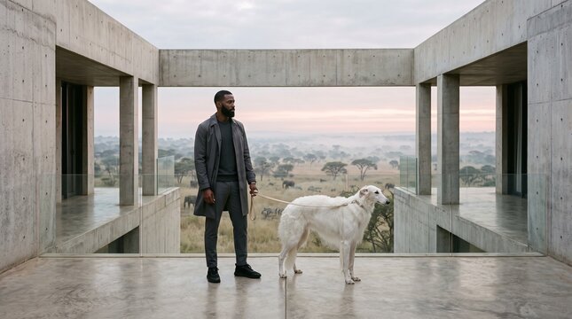 Man with Dog on Modern Terrace Overlooking Safari Landscape