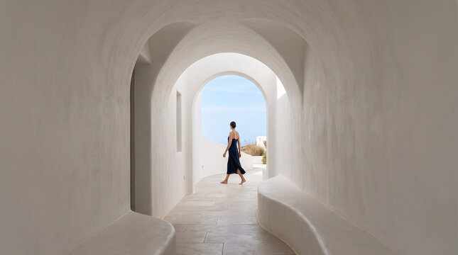 Woman Walking Through White Arched Corridor to Coastal Terrace