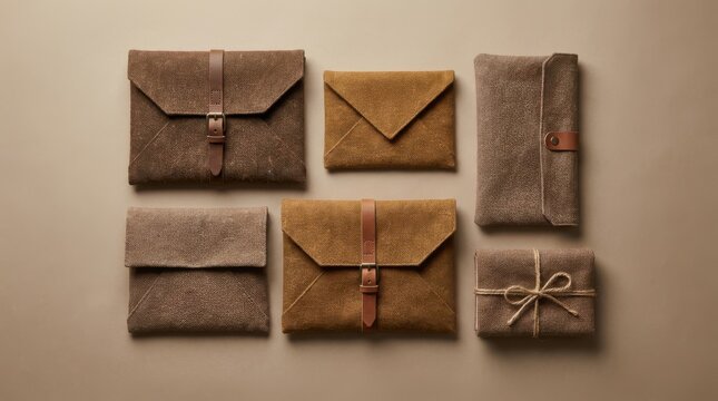 Collection of rustic fabric envelopes and pouches with leather straps