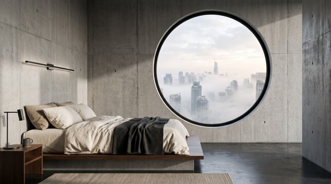 Modern Bedroom with Circular Window Overlooking City Skyline