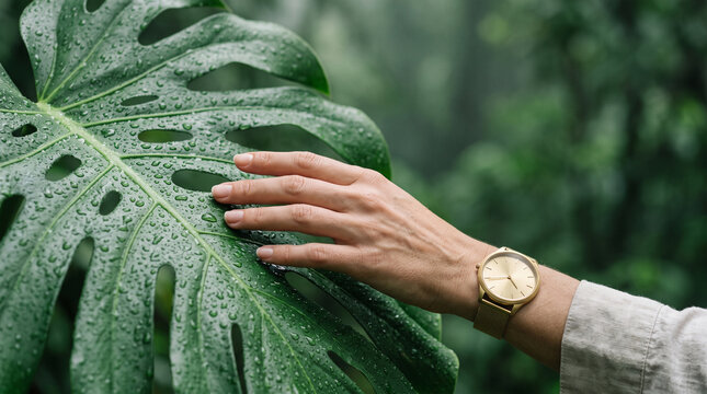 Woman's Hand Touching Wet Monstera Leaf with Gold Watch