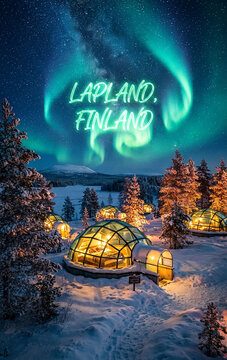 Glass Igloos under Northern Lights and Milky Way in Lapland, Finland