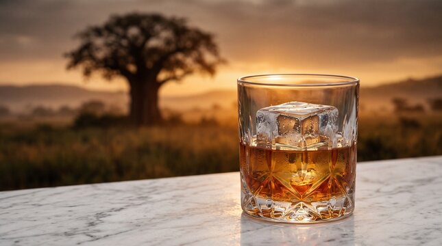 Whiskey Glass with Ice Against African Sunset Landscape