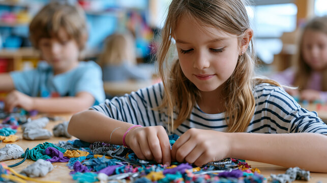 Children in art studio mix materials freely across tables covered in clay, fabric scraps, and wire, creative arts education program, multidisciplinary arts exploration, elementary art enrichment cla