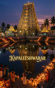 Kapaleeshwarar Temple Gopuram and Tank Reflection at Night, Chennai