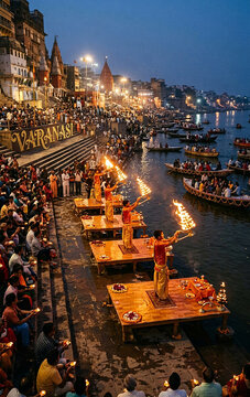 Evening Ganga Aarti Ceremony at Dashashwamedh Ghat in Varanasi, India
