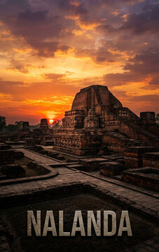 Ancient Ruins of Nalanda Mahavihara University at Sunset Nalanda Bihar India
