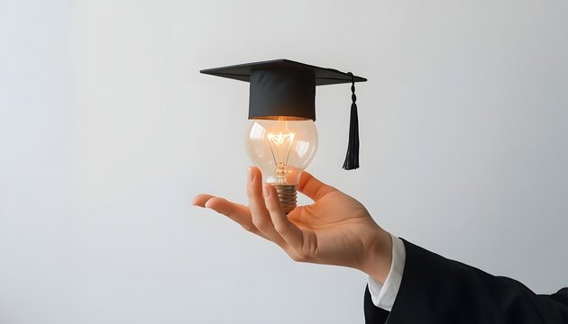 Graduation cap on glowing light bulb in hand against simple white background