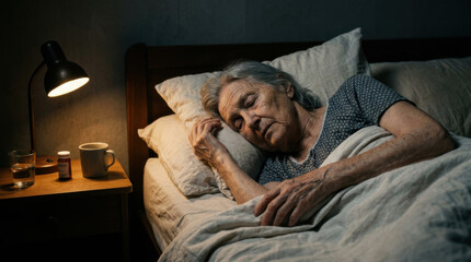 Fototapeta premium Elderly Woman Resting Peacefully Next To Bedside Table With Lamp And Medicine At Nighttime Serenity