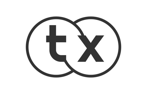 TX business company emblem with outline rounds and letters t x. Logo template of two merged circles for brand identity, logotype. Vector Infinity symbol