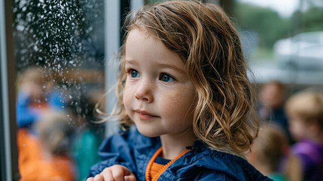 Kindergartener presses forehead to classroom window watching rain while other children settle inside, school day adjustment challenge, new student separation feeling, early childhood classroom trans