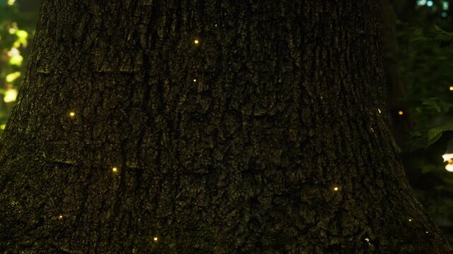 Small glowing lights are seen scattered on the rough surface of a large tree trunk. The setting is a dark forest where many trees are present. The scene is quiet and still.