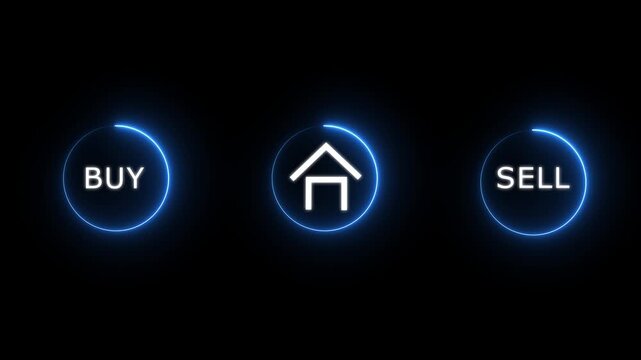 Property market choices chart showing buy and sell neon buttons with home icon for real estate investing business 4k animation..