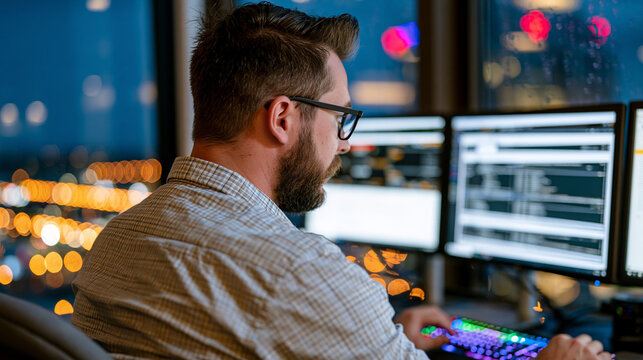 Over-the-shoulder view of a freight broker typing a complex multi-stop rate negotiation email at a standing desk, carrier quote comparisons visible on second monitor, rain streaking a large window b