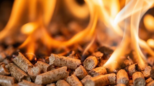 Wood pellets burning in fireplace