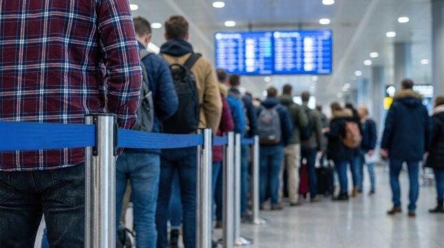 People standing in a long queue at an airport terminal