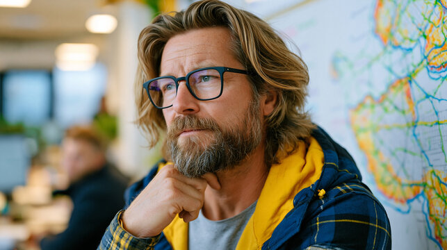 Urban last-mile delivery manager studying neighborhood grid density overlays on a wall-mounted route planning board inside a crowded dispatch office, route efficiency metrics written in marker, cour