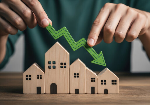 Hands holding green arrow pointing down over wooden house models representing real estate market crash and falling property prices on table.
