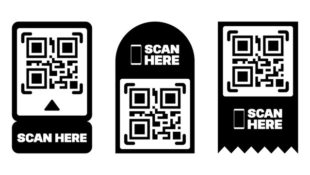 QR Code Scan Here Sign Set Black And White Printable Label Vector Template For Digital Payment Restaurant Menu And Event Registration