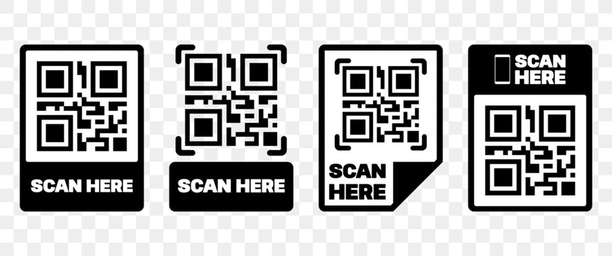 QR Code Scan Here Sticker Set Black and White Printable Label Vector Template for Payment Menu and Event Registration Sign