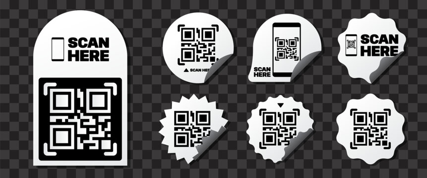 QR Code Scan Here Peeling Sticker Set Black And White Printable Label Vector Template For Digital Payment And Restaurant Menu Sign