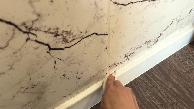 A hand wipes a dirty baseboard with a cloth, home cleaning, household maintenance, sanitation, everyday chores, interior care.