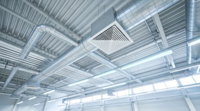 Industrial ventilation system with metal ducts and ceiling lighting
