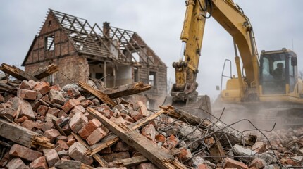 Fototapeta premium Excavator demolishing an old brick house at a construction site