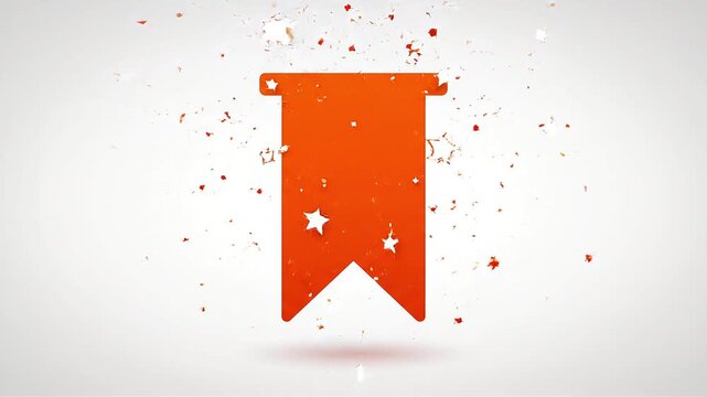 Orange bookmark icon floating with decorative stars and confetti on a light background.