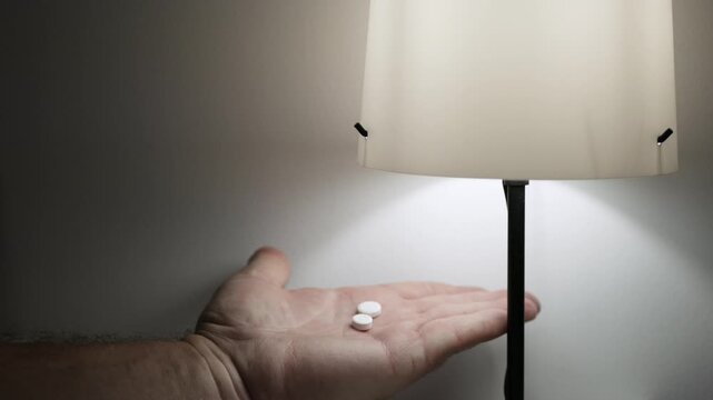 Blurred Shooting with a Suffering Person Taking Medical Pills. Suffering Elderly Taking Medication in Hospital.