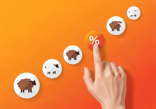 Human hand pointing at percentage sign button surrounded by circular icons with sheep figures illustrating financial growth and saving investment.