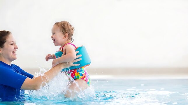 A smiling woman teaching a happy toddler to swim in a pool with colorful floaties