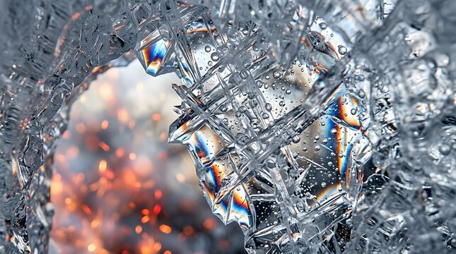 Macro View of Frozen Ice Crystal Structure with Prism Refraction and Warm Sparks