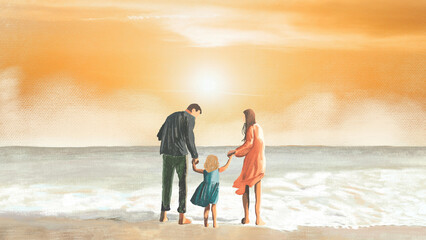 Fototapeta premium Family beach vacation illustration desktop wallpaper