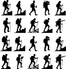 Fototapeta premium Hiking and mountaineering silhouette icons vector set for outdoor adventure