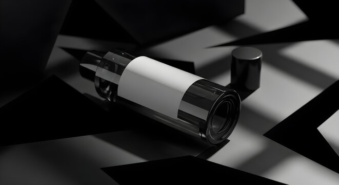 3d render of a black glass perfume bottle with a blank label, lying on a geometric patterned surface with a detached cap