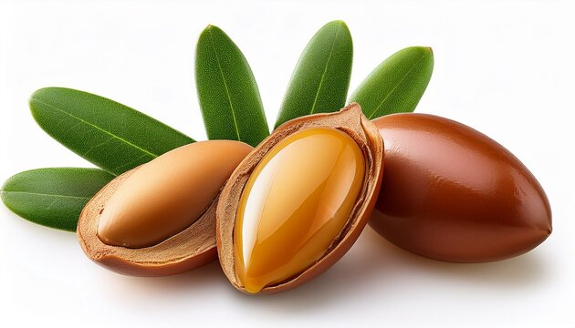 Three Argan Nuts With Green Leaves On An Isolated White Background Chopped Argan Nut With A Drop Of Oil Whole And Half Moroccan Argania Spinosa Seeds For The Production Of Oil