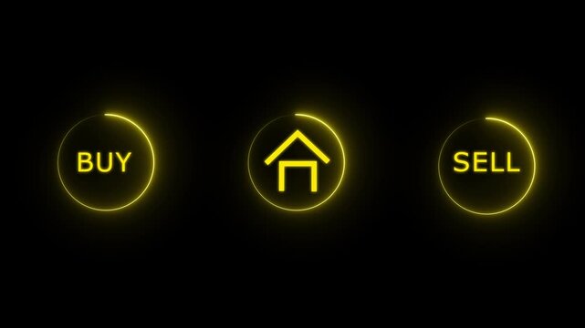 Property market choices chart showing buy and sell neon buttons with home icon for real estate investing business 4k animation..
