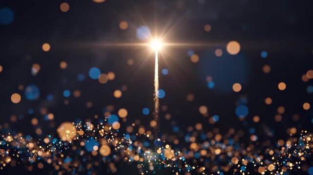 Star and glowing particles rising through bokeh light, dark sky cinematic loop with star or rocket ascending to heaven. Blue and gold colour scheme.