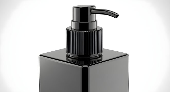 Closeup of a black square cosmetic pump bottle mockup, luxury skincare packaging design with glossy finish and ribbed cap detail