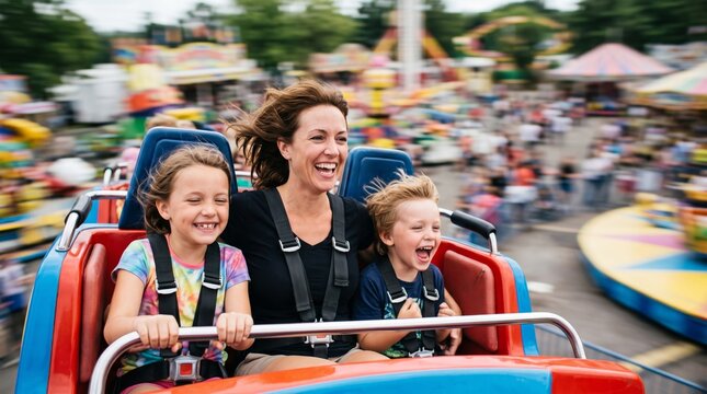 Happy mother and two children enjoying roller coaster ride at amusement park, family fun and summer adventure