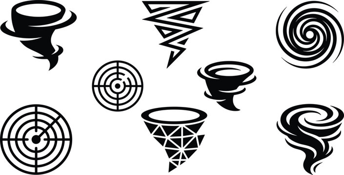 Tornado abstract weather icons set showing destructive rotating storm vortex twister patterns and meteorology radar tracking symbols