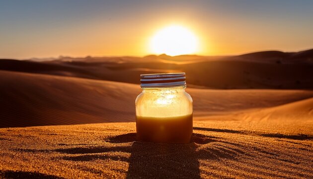 A Jar Of Manna Resting On Desert Sand At Sunrise