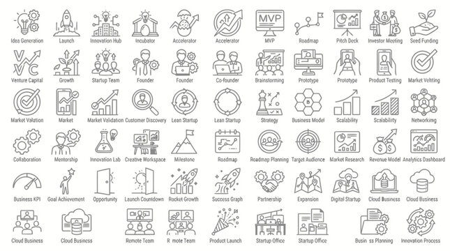 Startup business and entrepreneurship line icon set showcasing innovation growth concepts.