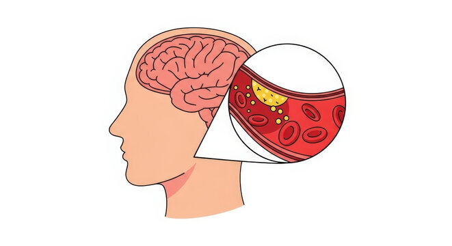 Medical illustration profile silhouette of human head with cross section of brain and magnified arterial blood vessel showing plaque buildup.