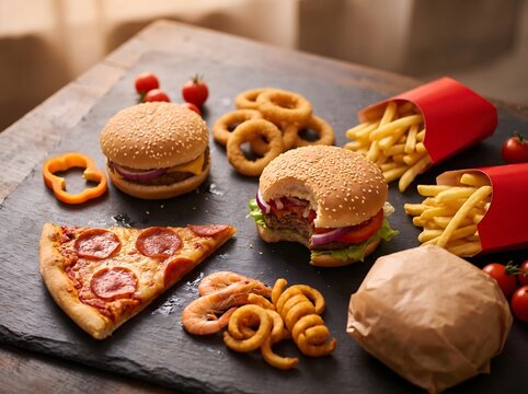 Fast food feast with bitten burger, pepperoni pizza slice, french fries and onion rings on dark slate board