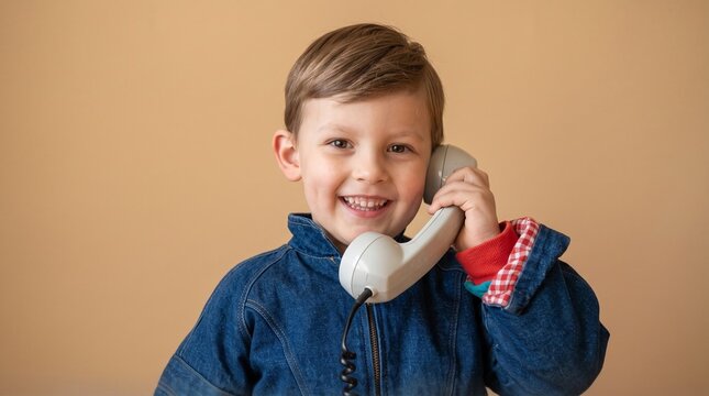 Young Boy Talking on Vintage Telephone Smiling